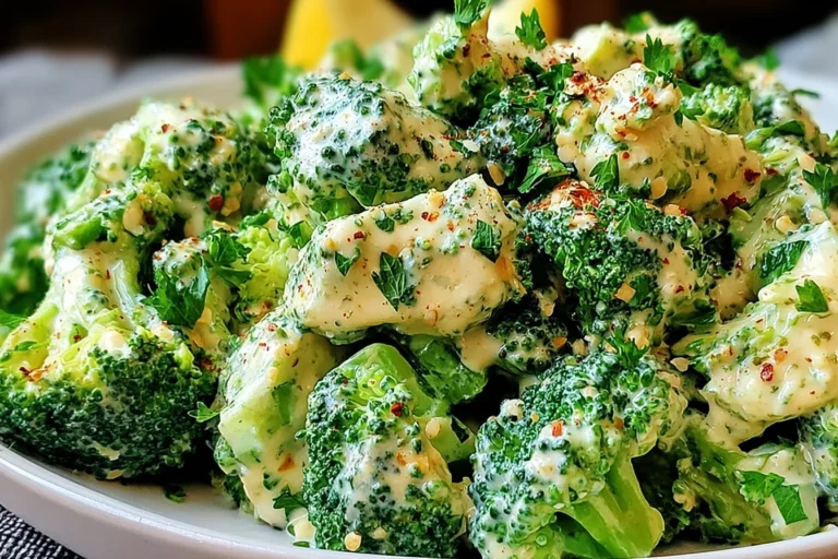 Creamy Garlic Parmesan Broccoli in a bowl, coated in rich garlic-Parmesan sauce with parsley and red pepper flakes.