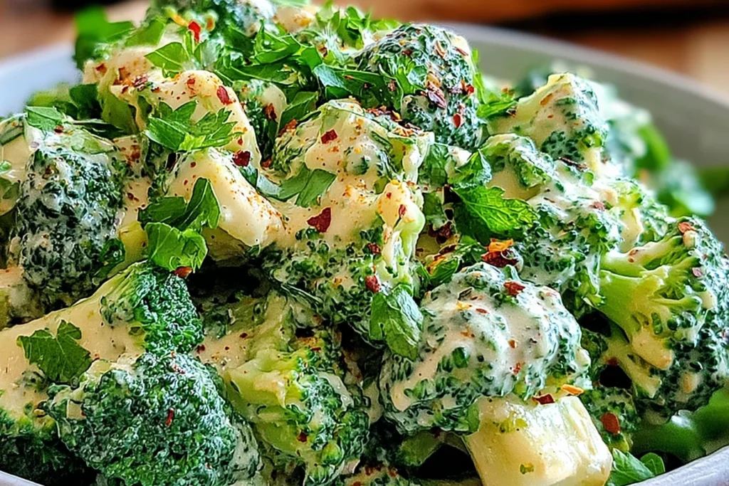 Creamy Garlic Parmesan Broccoli piled in a bowl, covered in velvety garlic-Parmesan cream sauce and topped with fresh parsley and red pepper flakes.