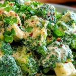 Creamy Garlic Parmesan Broccoli piled in a bowl, covered in velvety garlic-Parmesan cream sauce and topped with fresh parsley and red pepper flakes.