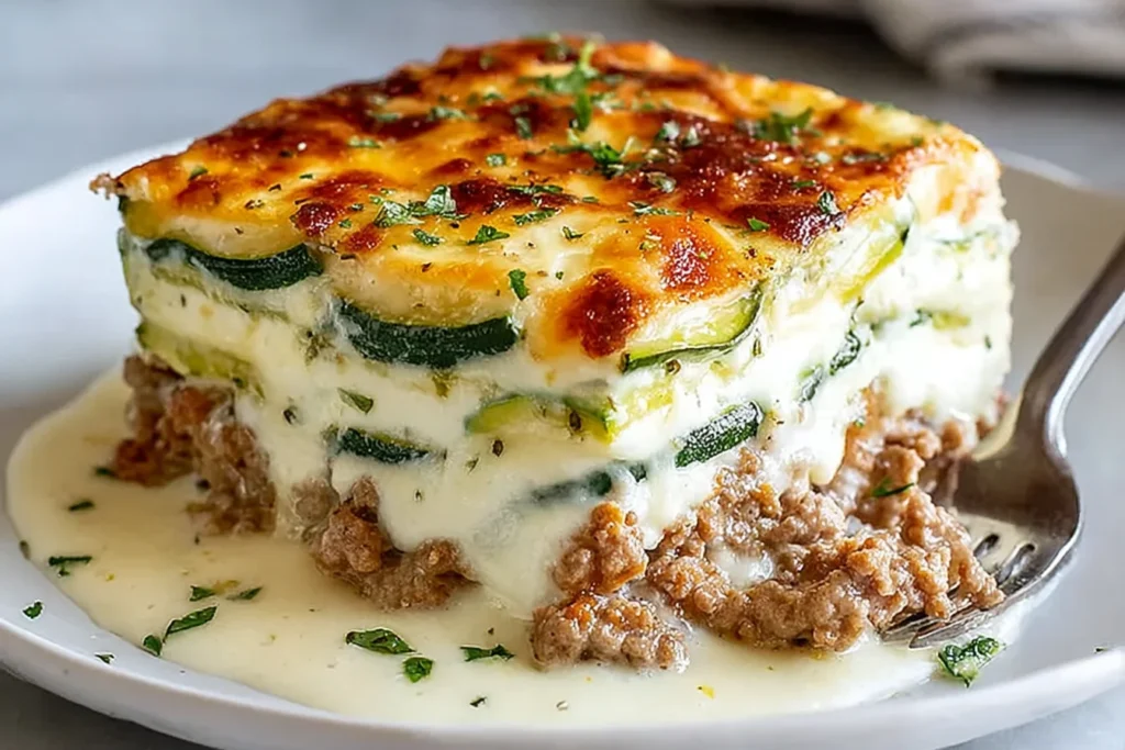 Ground Turkey Zucchini Casserole slice with creamy cheese layers, tender zucchini rounds, and savory turkey, baked golden on top.