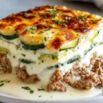 Ground Turkey Zucchini Casserole slice with creamy cheese layers, tender zucchini rounds, and savory turkey, baked golden on top.