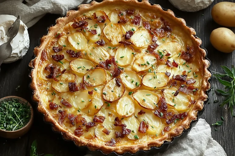 Creamy Irish Potato Pie in a flaky puff pastry crust, topped with sliced potatoes, crispy bacon, and fresh herbs, baked until golden.