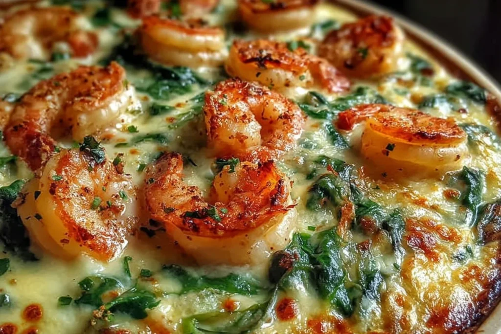 Low-Carb Shrimp Tuscan Bake in a casserole dish with creamy garlic sauce, spinach, melted mozzarella, and golden baked shrimp.