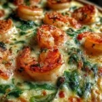 Low-Carb Shrimp Tuscan Bake in a casserole dish with creamy garlic sauce, spinach, melted mozzarella, and golden baked shrimp.