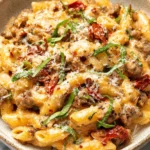 Marry Me Italian Sausage Pasta in a bowl—creamy penne with browned sausage, sun-dried tomatoes, basil, and parmesan.