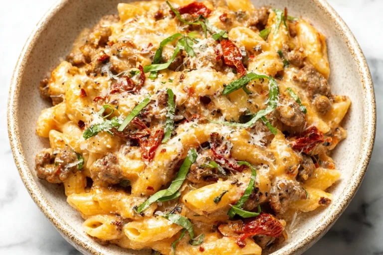 Marry Me Italian Sausage Pasta in a bowl—creamy penne with browned sausage, sun-dried tomatoes, basil, and parmesan.