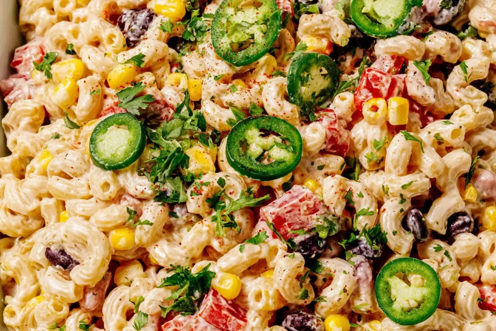 Close-up of Mexican Macaroni Salad with creamy lime dressing, black beans, corn, red peppers, cilantro, and sliced jalapeños.