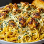 Monterey Chicken Spaghetti Recipe in a bowl with creamy Monterey Jack sauce, golden seared chicken bites, and parsley, served with garlic bread.