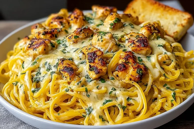 Monterey Chicken Spaghetti Recipe in a bowl with creamy Monterey Jack sauce, golden seared chicken bites, and parsley, served with garlic bread.