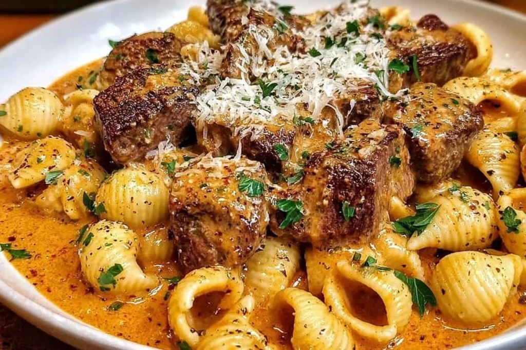 Creamy Paprika Steak and Shells in a white bowl with seared steak bites, pasta shells, creamy paprika sauce, parsley, and grated Parmesan.
