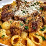 Creamy Paprika Steak and Shells in a white bowl with seared steak bites, pasta shells, creamy paprika sauce, parsley, and grated Parmesan.