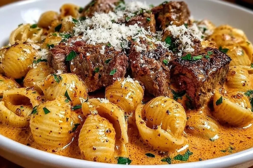 Creamy Paprika Steak and Shells close-up in a bowl with seared steak chunks, pasta shells, creamy paprika sauce, parsley, and grated Parmesan.