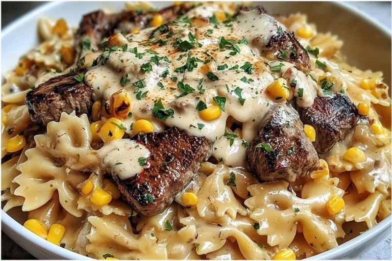 Creamy Parmesan Steak & Sweet Corn Bowtie pasta with seared steak bites, sweet corn, and rich Parmesan cream sauce, topped with parsley