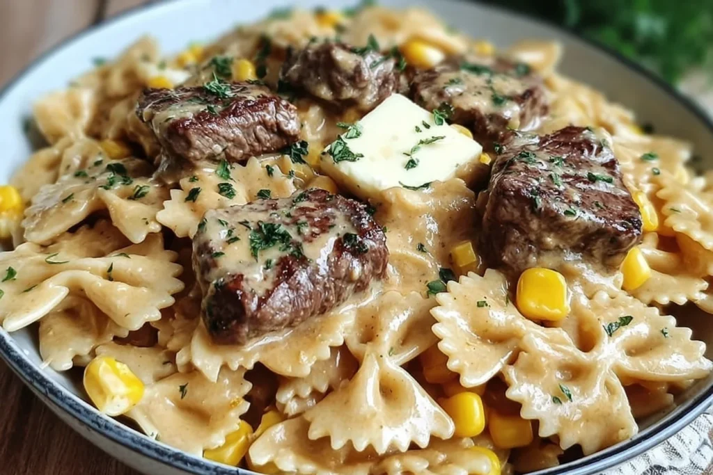 Creamy Parmesan Steak & Sweet Corn Bowtie with bowtie pasta in a rich Parmesan cream sauce, topped with seared steak bites, sweet corn, herbs, and a pat of butter.