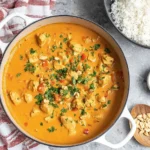 Creamy Peanut Butter Chicken Curry in a white skillet, topped with fresh cilantro, served with fluffy rice and chopped peanuts.