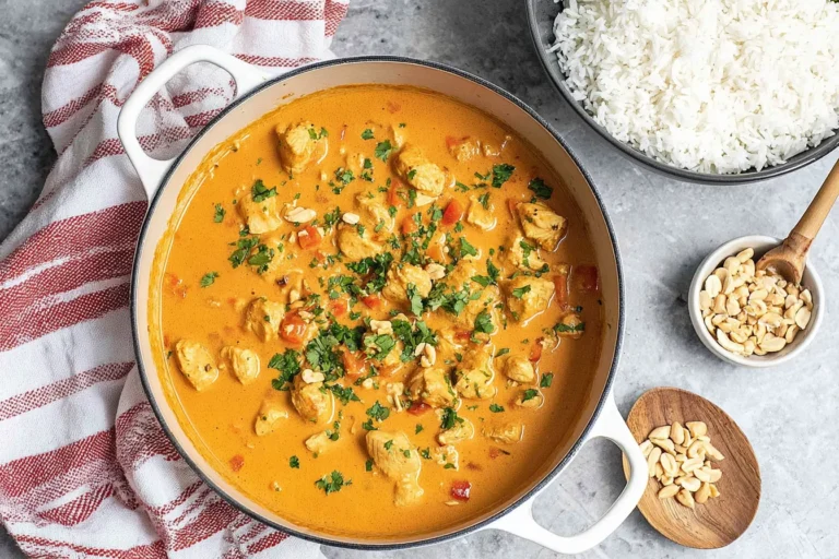 Creamy Peanut Butter Chicken Curry in a white skillet, topped with fresh cilantro, served with fluffy rice and chopped peanuts.