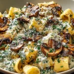 Gorgonzola Truffle Cream Mushrooms tossed with rigatoni pasta, sautéed mushrooms, creamy blue cheese sauce, and parmesan in a bowl.