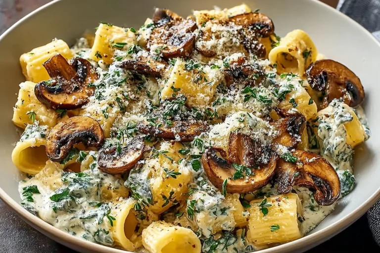 Gorgonzola Truffle Cream Mushrooms tossed with rigatoni pasta, sautéed mushrooms, creamy blue cheese sauce, and parmesan in a bowl.