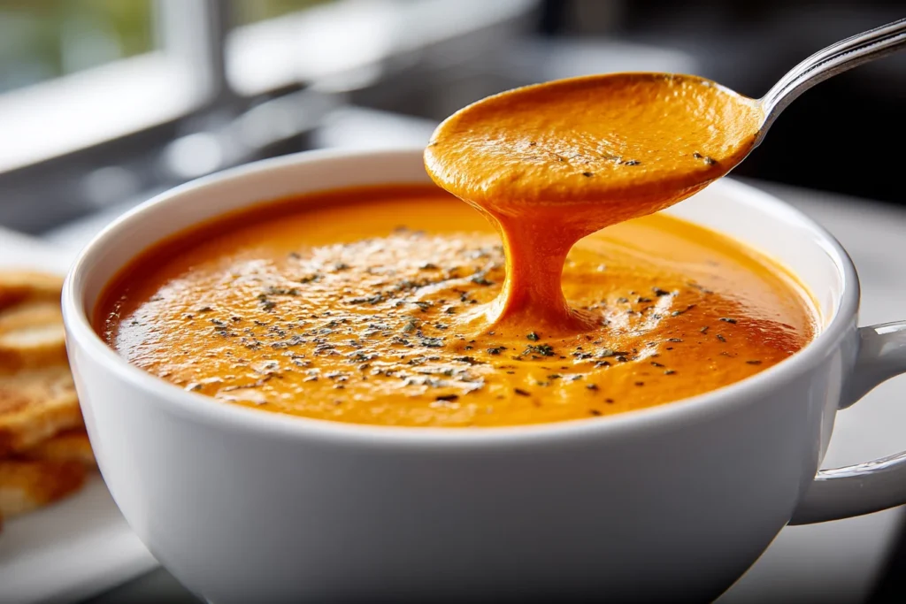 Creamy Roasted Red Pepper Gouda Soup in a white bowl, with a spoon lifting a silky orange swirl and herbs sprinkled on top.