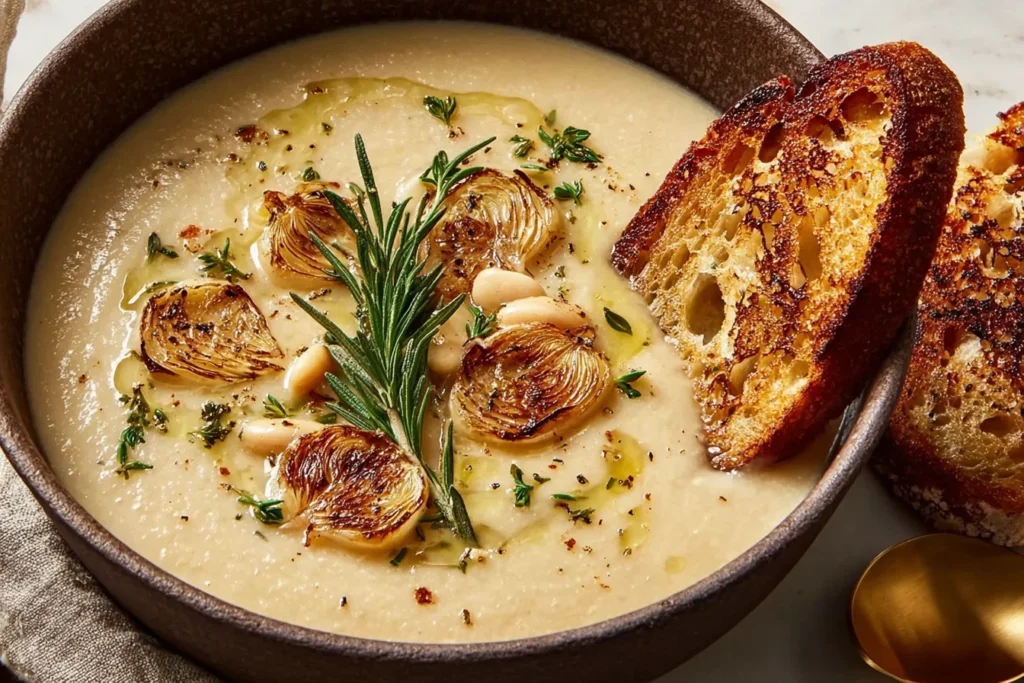 Creamy Rosemary and Roasted Garlic White Bean Soup topped with roasted garlic cloves, fresh rosemary, olive oil, and toasted bread.