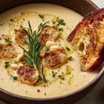 Creamy Rosemary and Roasted Garlic White Bean Soup topped with roasted garlic cloves, fresh rosemary, olive oil, and toasted bread.
