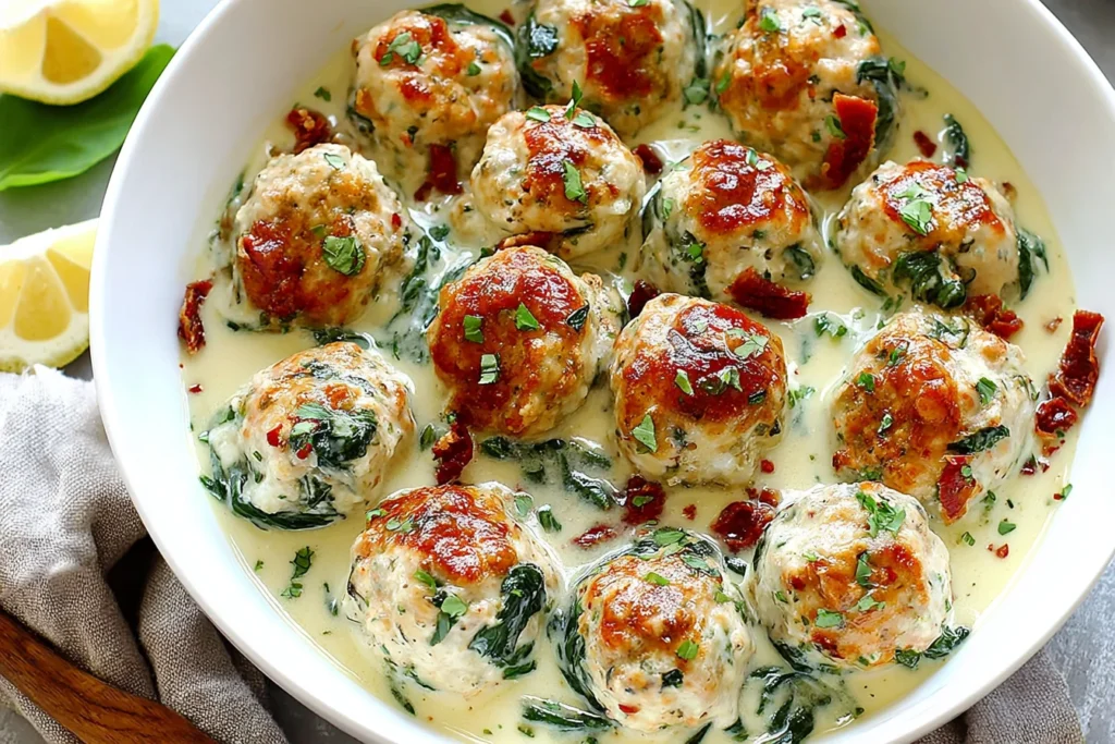 Chicken Ricotta Meatballs in creamy spinach Alfredo sauce with sun-dried tomatoes and parsley, served in a white bowl.
