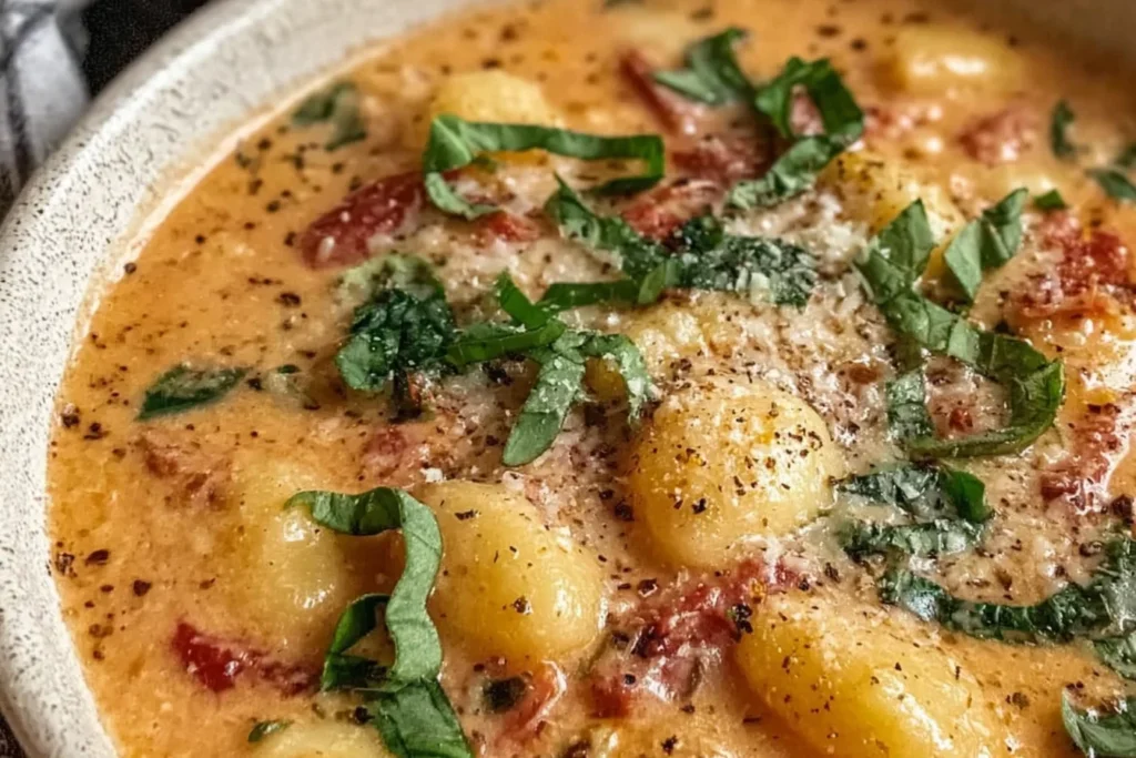Close-up of creamy Sun Dried Tomato Gnocchi Soup with tender gnocchi, basil ribbons, cracked black pepper, and dairy-free “parmesan” on top.