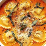 Italian Tuscan Ravioli Soup in a white bowl with creamy tomato broth, cheese ravioli, torn basil, parmesan, and cracked black pepper.