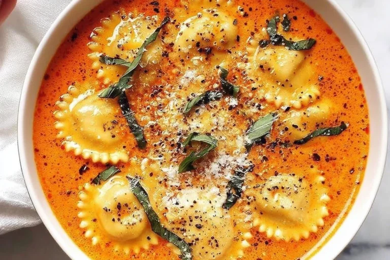 Italian Tuscan Ravioli Soup in a white bowl with creamy tomato broth, cheese ravioli, torn basil, parmesan, and cracked black pepper.