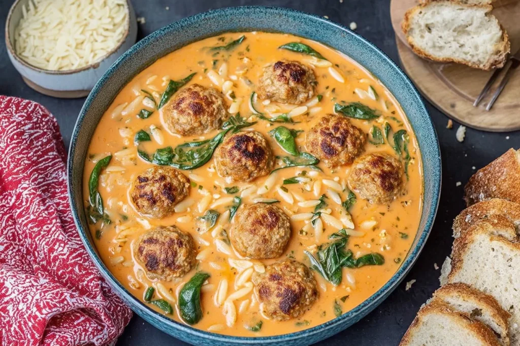 Creamy Turkey Meatball Soup with orzo, baby spinach, and Parmesan in a bowl, served with crusty bread.