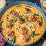 Creamy Turkey Meatball Soup with orzo, baby spinach, and Parmesan in a bowl, served with crusty bread.