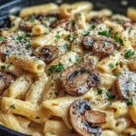 Creamy Tuscan Mushroom Pasta Skillet in a black skillet with penne, sautéed mushrooms, creamy Parmesan sauce, and parsley.