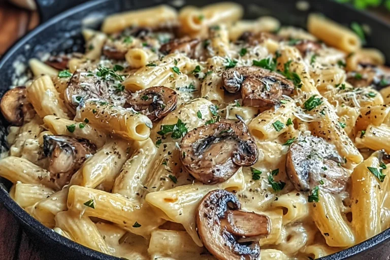 Creamy Tuscan Mushroom Pasta Skillet in a black skillet with penne, sautéed mushrooms, creamy Parmesan sauce, and parsley.