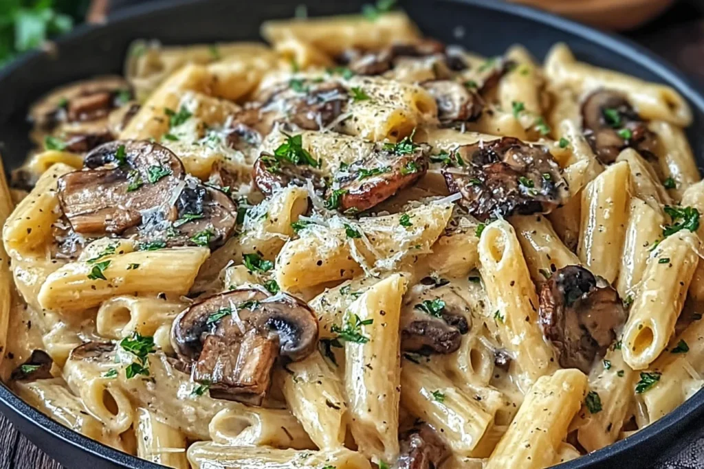 Creamy Tuscan Mushroom Pasta Skillet served in a skillet with penne, browned mushrooms, creamy garlic Parmesan sauce, and fresh parsley.