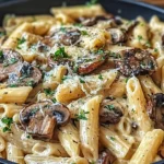 Creamy Tuscan Mushroom Pasta Skillet served in a skillet with penne, browned mushrooms, creamy garlic Parmesan sauce, and fresh parsley.