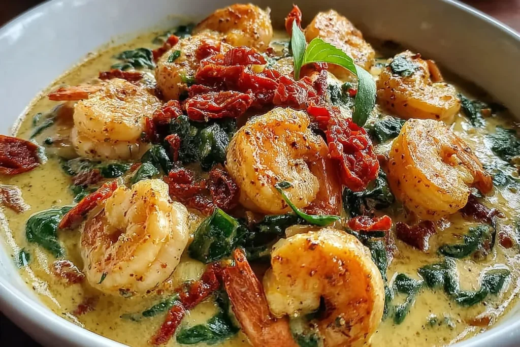 Low-Carb Shrimp Tuscan Bake in a white bowl with creamy garlic sauce, sautéed spinach, sun-dried tomatoes, and seared shrimp.