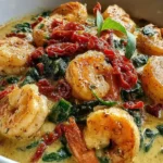 Low-Carb Shrimp Tuscan Bake in a white bowl with creamy garlic sauce, sautéed spinach, sun-dried tomatoes, and seared shrimp.