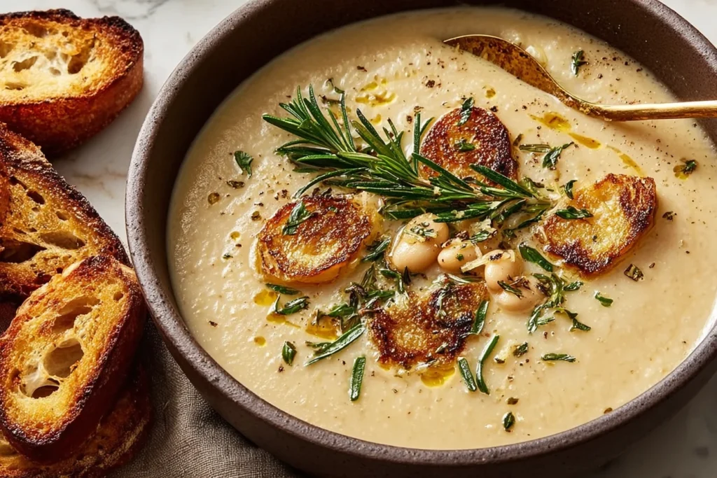 Creamy Rosemary and Roasted Garlic White Bean Soup topped with roasted garlic slices, rosemary, herbs, olive oil, and served with toasted bread.
