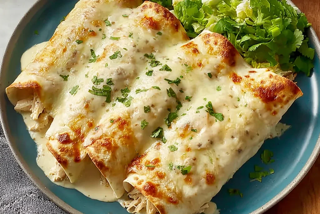 White Rotisserie Chicken Enchiladas smothered in creamy white sauce with melted cheese, baked golden and garnished with fresh cilantro.