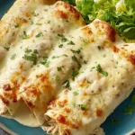 White Rotisserie Chicken Enchiladas smothered in creamy white sauce with melted cheese, baked golden and garnished with fresh cilantro.