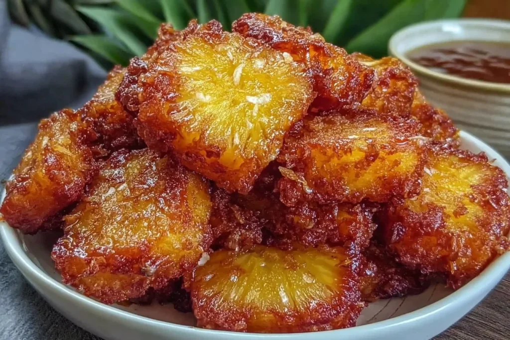 Air Fryer Pineapple Chunks stacked in a bowl, deeply caramelized and glossy with crisp edges, served with a sweet dipping sauce.