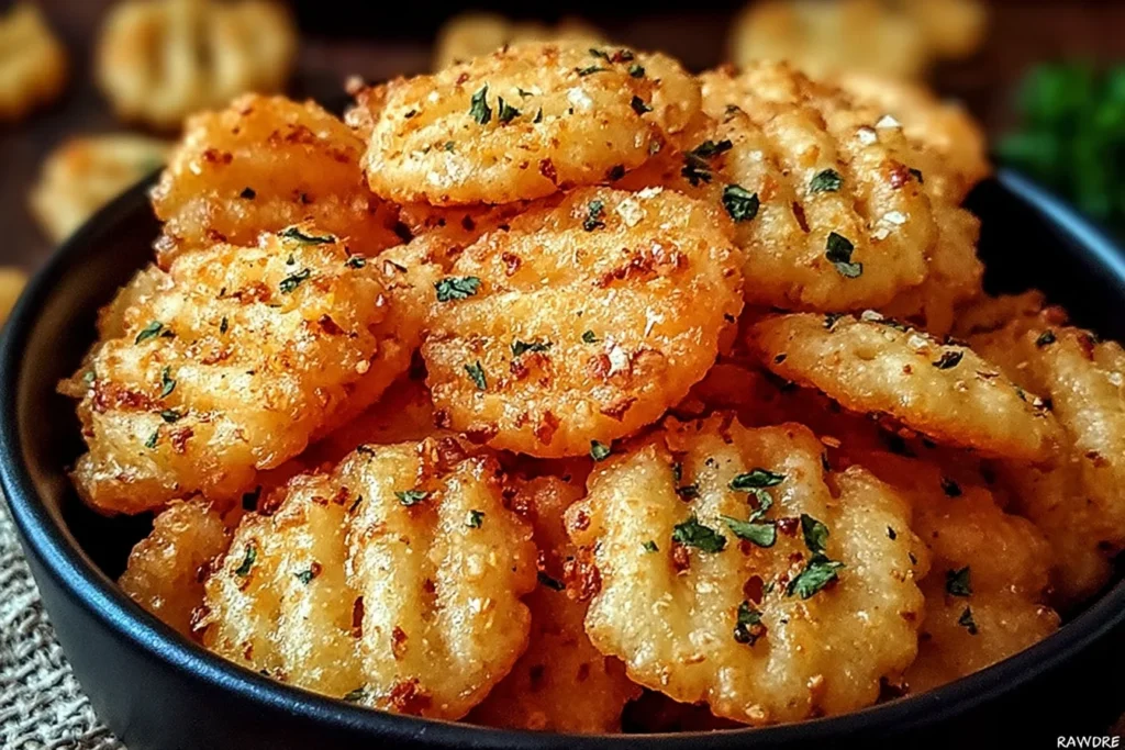 Cheesy Garlic Ritz Bits Snacks in a black bowl, baked until golden and crispy with garlic seasoning, parmesan, cheddar, and parsley.