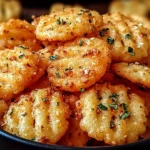 Cheesy Garlic Ritz Bits Snacks in a black bowl, baked until golden and crispy with garlic seasoning, parmesan, cheddar, and parsley.