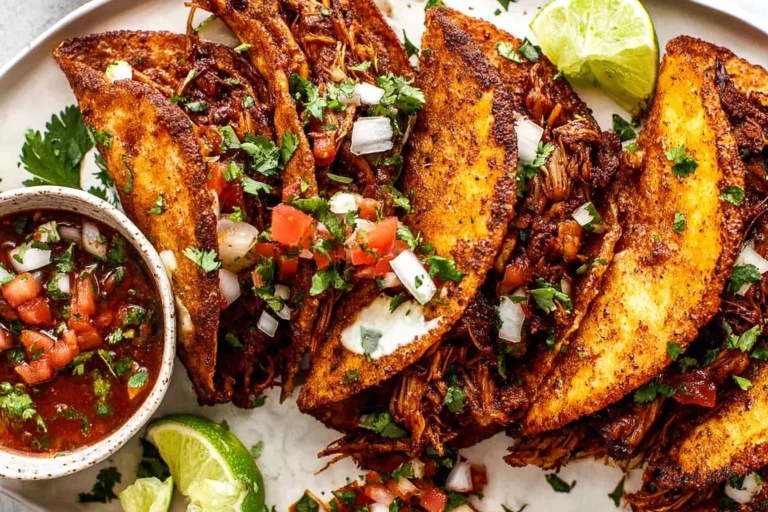 Chicken Birria Tacos on a plate with crispy corn tortillas stuffed with shredded birria chicken, topped with cilantro and onions, served with consomé and lime.