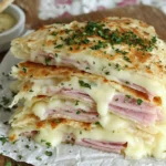 Chicken Cordon Bleu Quesadillas stacked with melty Swiss cheese, ham, and chicken, served with creamy Dijon Parmesan sauce.