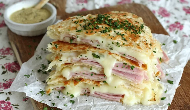 Chicken Cordon Bleu Quesadillas stacked with melty Swiss cheese, ham, and chicken, served with creamy Dijon Parmesan sauce.