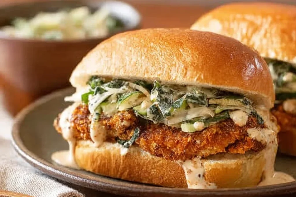 Crispy Cilantro Lime Chicken Sandwich on a soft brioche bun with creamy cilantro-lime sauce and crunchy cabbage slaw.