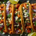 Crispy Honey Chipotle Chicken Tacos in crispy corn tortillas topped with cilantro, red onion, and crumbled cheese, served with lime wedges.