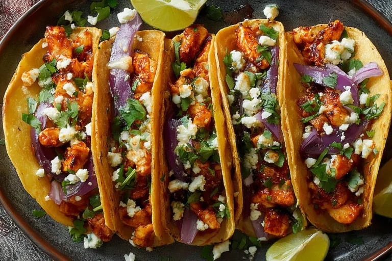 Crispy Honey Chipotle Chicken Tacos in crispy corn tortillas topped with cilantro, red onion, and crumbled cheese, served with lime wedges.
