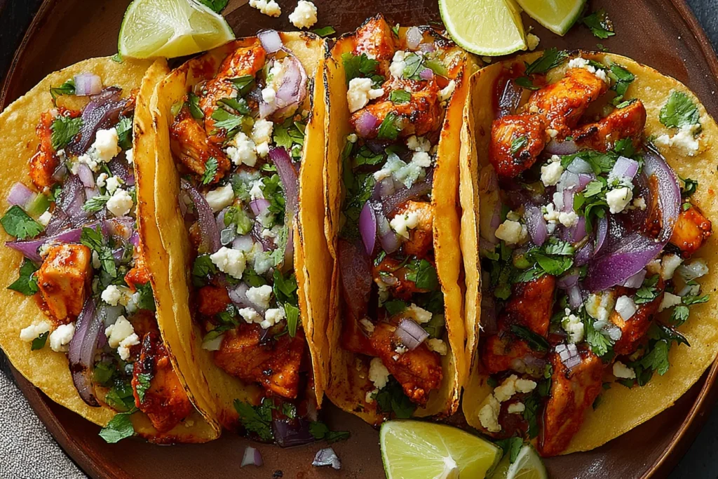 Crispy Honey Chipotle Chicken Tacos on corn tortillas with smoky honey-chipotle chicken, red onion, cilantro, crumbled cheese, and lime wedges.